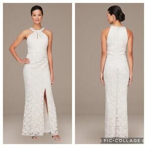 Alex Evenings Long Halter Lace Sheath Dress with Skirt Slit in Taupe Size 8
